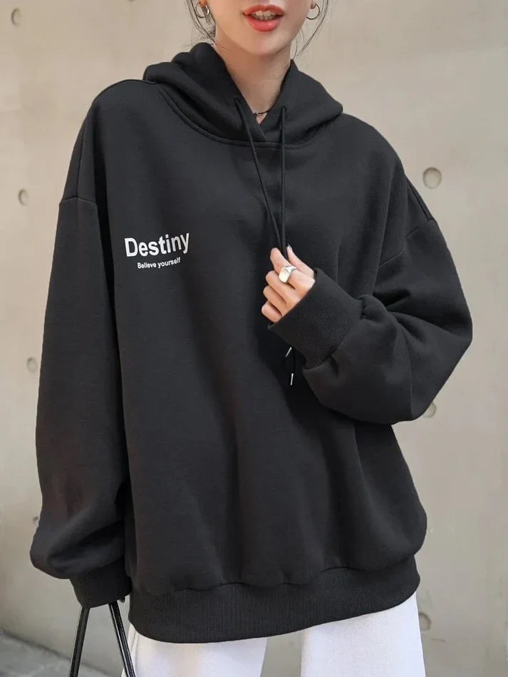 Drune | Schwarzer Damen Kapuzenpullover mit Kapuze und Druck