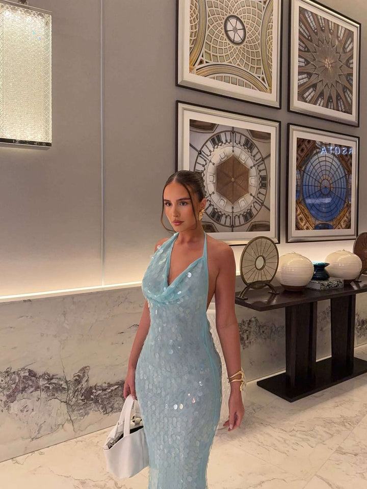 Drune | Pailletten Maxi Kleid für Damen mit Halsband