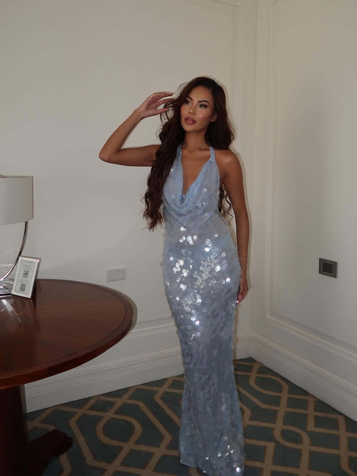 Drune | Pailletten Maxi Kleid für Damen mit Halsband