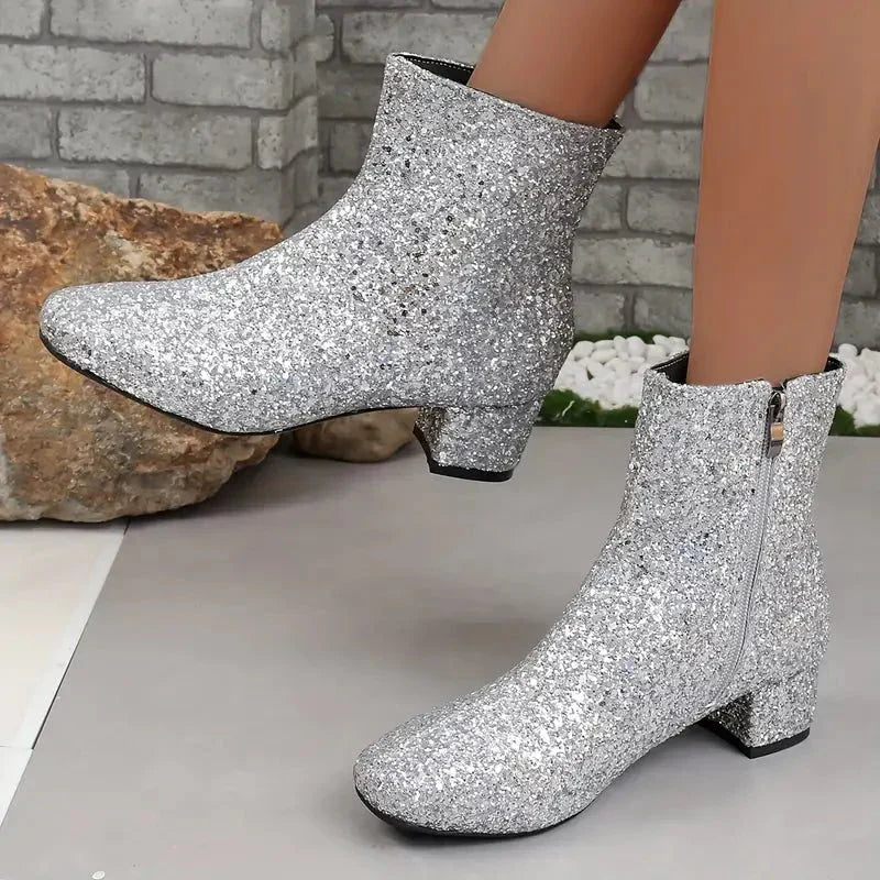 Drune | Stiefeletten Pailletten Party Stil Seitlicher Reißverschluss Blockabsatz Statement Schuhe