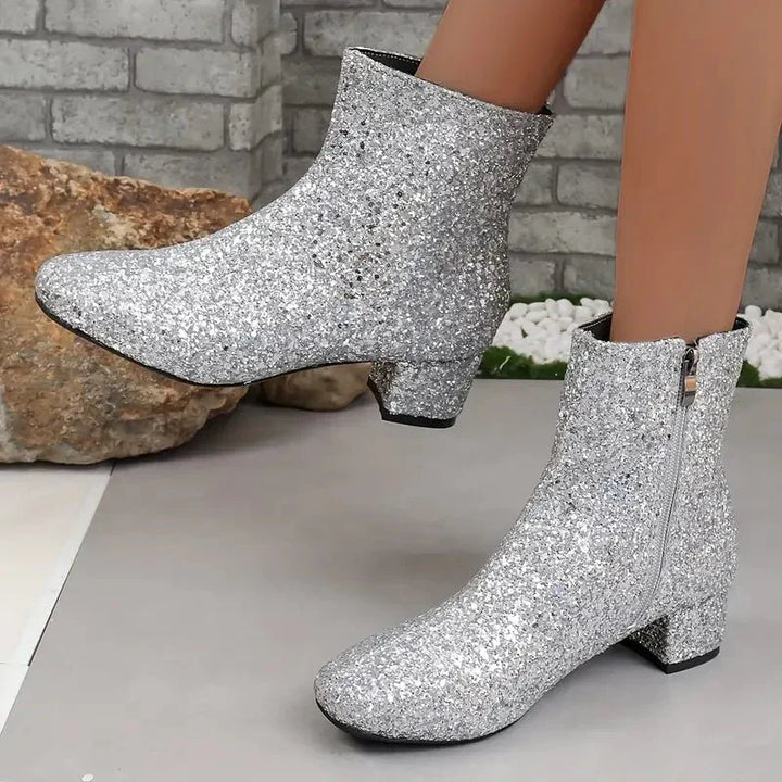 Drune | Stiefeletten Pailletten Party Stil Seitlicher Reißverschluss Blockabsatz Statement Schuhe