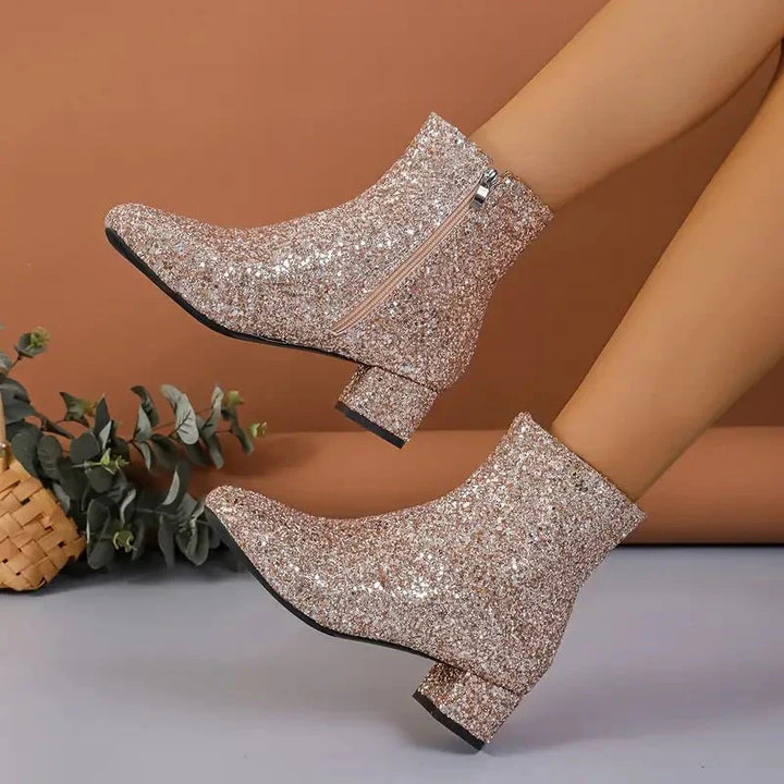 Drune | Stiefeletten Pailletten Party Stil Seitlicher Reißverschluss Blockabsatz Statement Schuhe