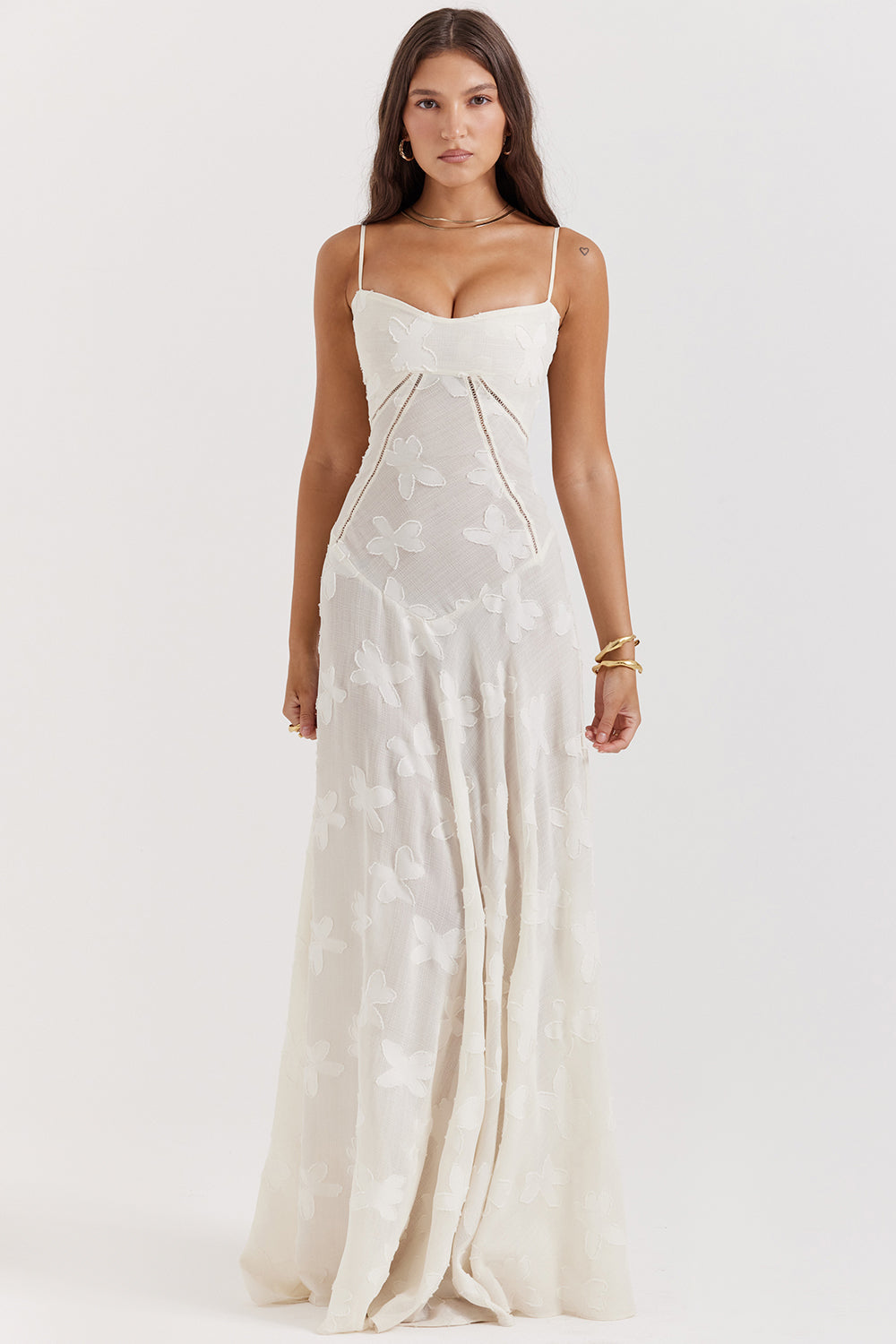 Retro Cremefarbene Maxi Kleid Mit Spitzeneinsatz hinten