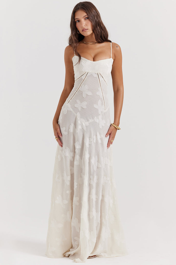 Retro Cremefarbene Maxi Kleid Mit Spitzeneinsatz hinten