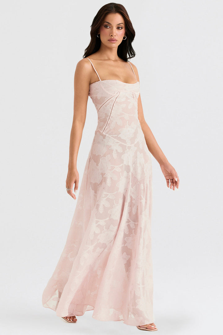 Retro Cremefarbene Maxi Kleid Mit Spitzeneinsatz hinten
