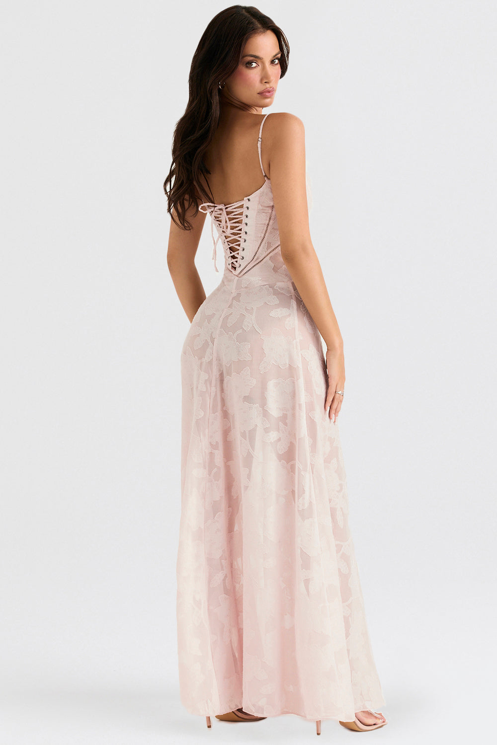 Retro Cremefarbene Maxi Kleid Mit Spitzeneinsatz hinten