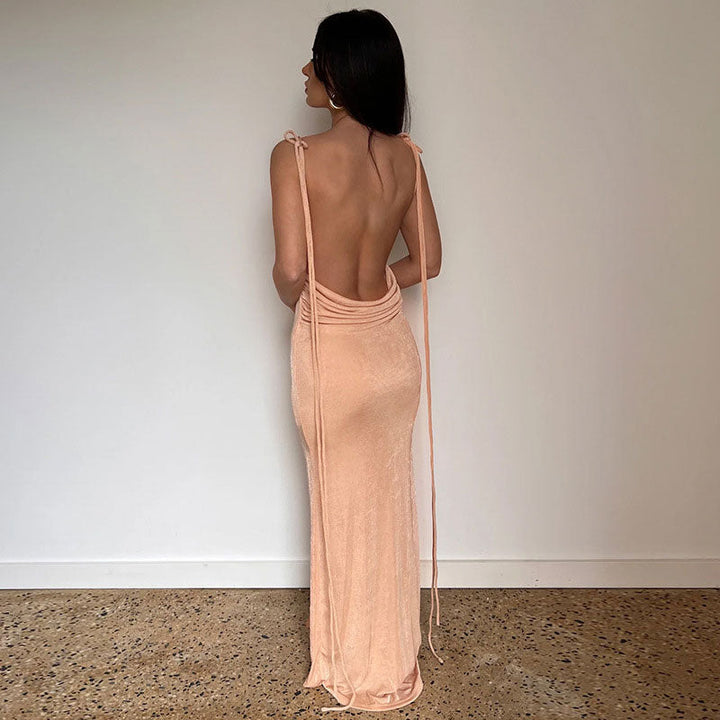 Drune | Maxikleid mit Wasserfallausschnitt und Bindeträgern