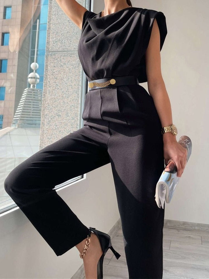 Drune | Lässiger Ärmelloser Jumpsuit mit V-ausschnitt Taillengürtel und Schmaler Passform