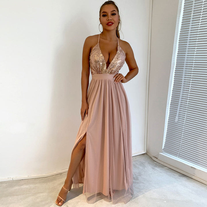 Drune | Glitzerndes Pailletten Panel Mesh Tiefer V-Rückenfreies Abend Maxikleid