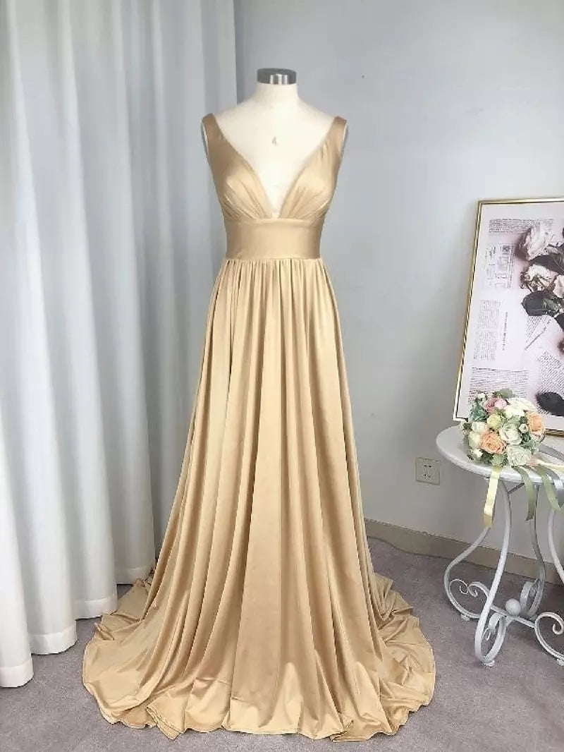 Drune | Geteiltes V-Ausschnitt Brautjungfernkleid Lange Maxi Abend