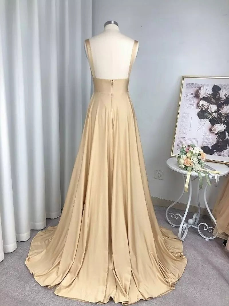 Drune | Geteiltes V-Ausschnitt Brautjungfernkleid Lange Maxi Abend