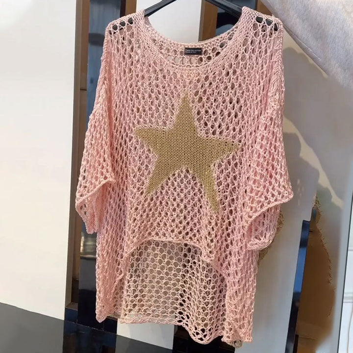 Drune | Damen Mode Rundhalsausschnitt Häkeln Stricken Mesh Top