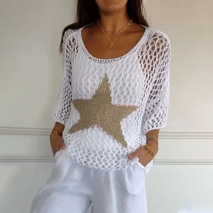 Drune | Damen Mode Rundhalsausschnitt Häkeln Stricken Mesh Top