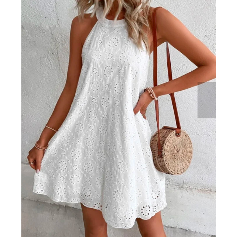 Drune | Sommer Frauen O-Ausschnitt Sexy Schmal Weiß Mini Kleid