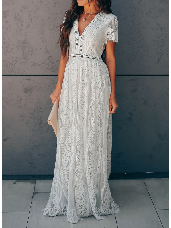 Drune | Kurzarm-Maxikleid Aus Spitze mit V-Ausschnitt