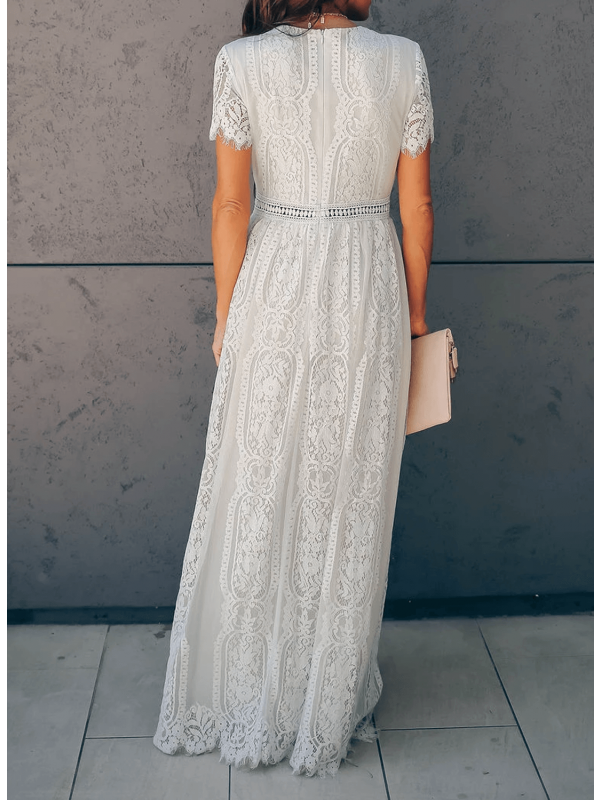 Drune | Lange Spitzenkleid mit Kurzen Ärmeln und V-Ausschnitt