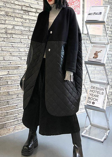 Drune | schwarzer Übermantel Kleidung Daunenjacke V-Ausschnitt Patchwork Wintermäntel