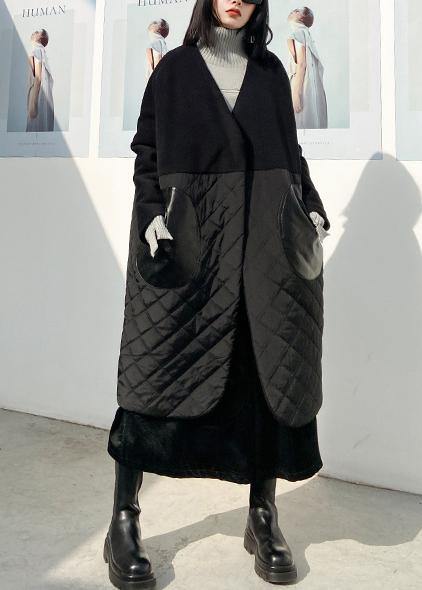 Drune | schwarzer Übermantel Kleidung Daunenjacke V-Ausschnitt Patchwork Wintermäntel