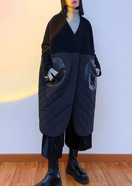 Drune | schwarzer Übermantel Kleidung Daunenjacke V-Ausschnitt Patchwork Wintermäntel