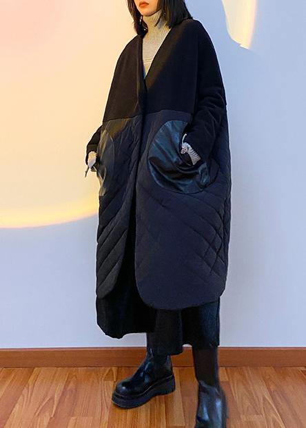 Drune | schwarzer Übermantel Kleidung Daunenjacke V-Ausschnitt Patchwork Wintermäntel