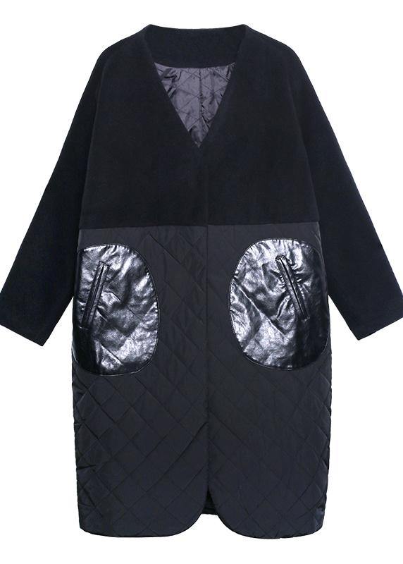 Drune | schwarzer Übermantel Kleidung Daunenjacke V-Ausschnitt Patchwork Wintermäntel