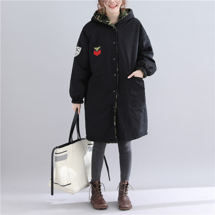 Drune | schwarze Winterparka in Übergrößen mit Kapuze, Schneejacken mit feinen Taschen, Wintermäntel