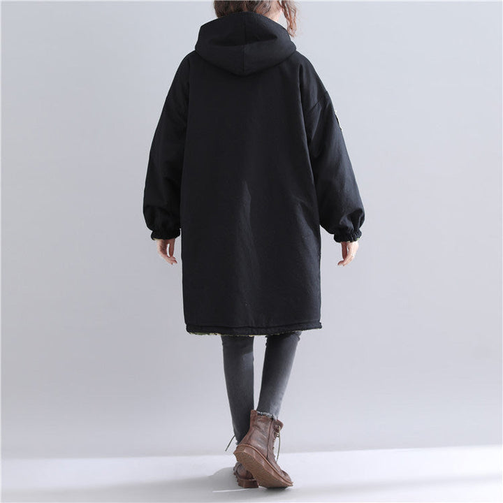 Drune | schwarze Winterparka in Übergrößen mit Kapuze, Schneejacken mit feinen Taschen, Wintermäntel