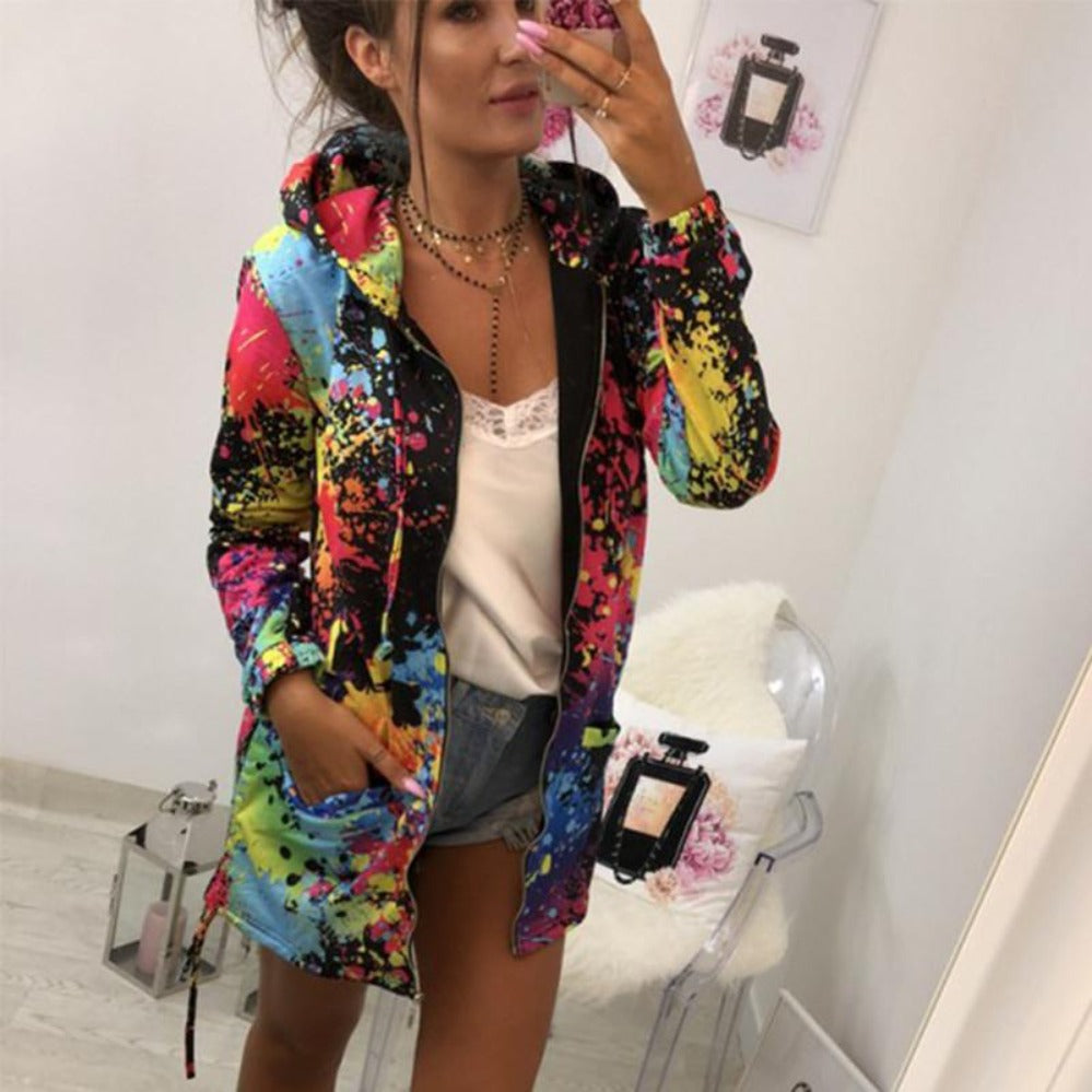 Drune | Dünne Mehrfarbige Kapuzenjacke Mit Reißverschluss Und Taschen Langjacke