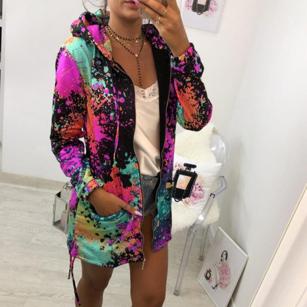 Drune | Dünne Mehrfarbige Kapuzenjacke Mit Reißverschluss Und Taschen Langjacke