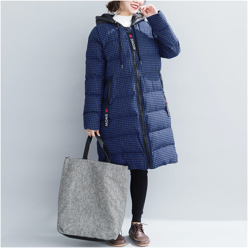 Drune | blaue karierte Winterparkas Übergröße Kapuzen-Schneejacken Elegante dicke Wintermäntel