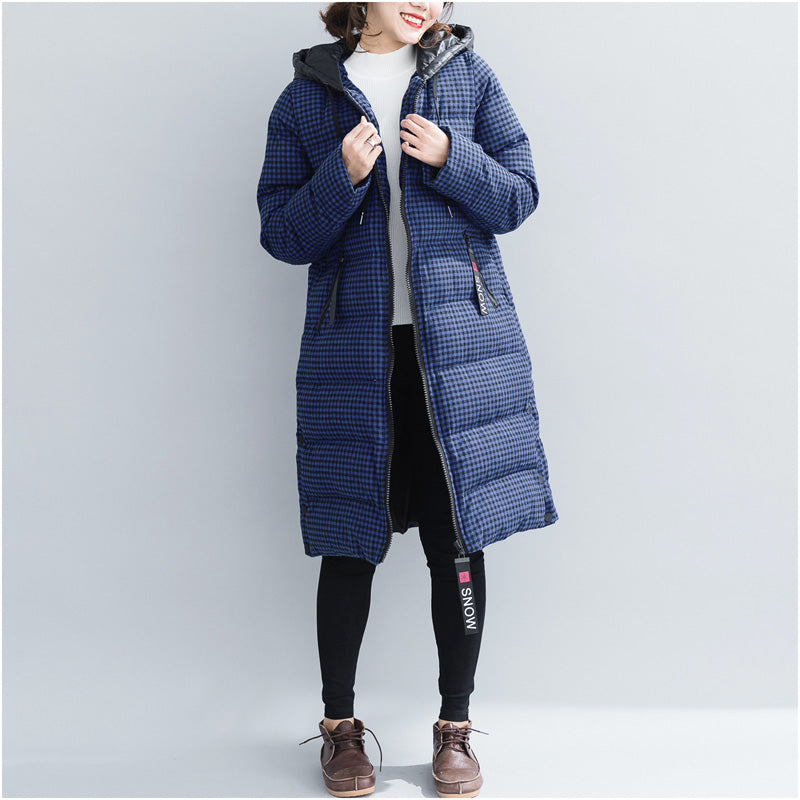 Drune | blaue karierte Winterparkas Übergröße Kapuzen-Schneejacken Elegante dicke Wintermäntel