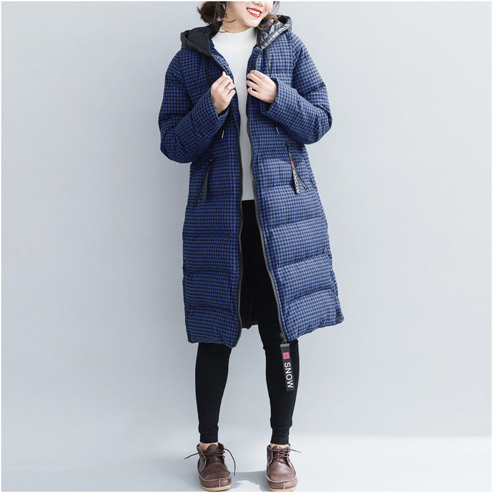 Drune | blaue karierte Winterparkas Übergröße Kapuzen-Schneejacken Elegante dicke Wintermäntel