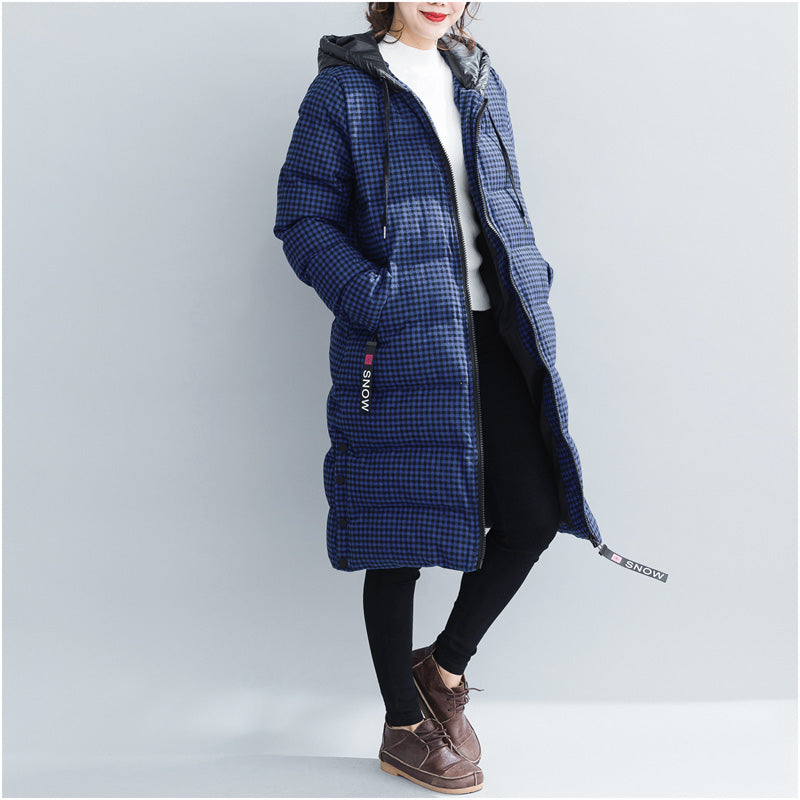 Drune | blaue karierte Winterparkas Übergröße Kapuzen-Schneejacken Elegante dicke Wintermäntel