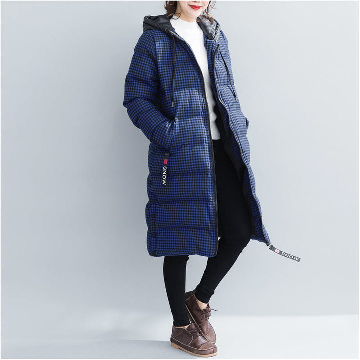Drune | blaue karierte Winterparkas Übergröße Kapuzen-Schneejacken Elegante dicke Wintermäntel
