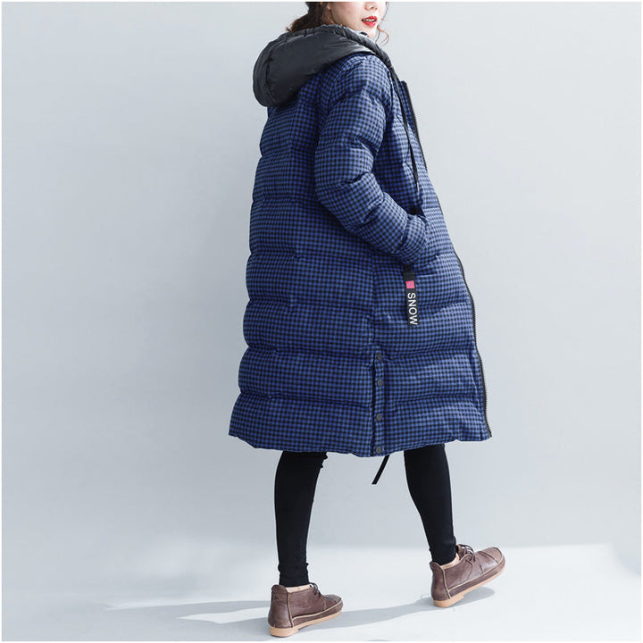Drune | blaue karierte Winterparkas Übergröße Kapuzen-Schneejacken Elegante dicke Wintermäntel