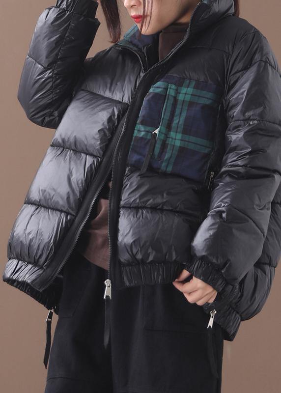 Drune | Plus-Size Daunenjacke Patchwork Karo Mäntel Schwarz Winter Seitenreißverschluss Warmer Wintermantel