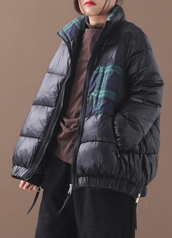 Drune | Plus-Size Daunenjacke Patchwork Karo Mäntel Schwarz Winter Seitenreißverschluss Warmer Wintermantel