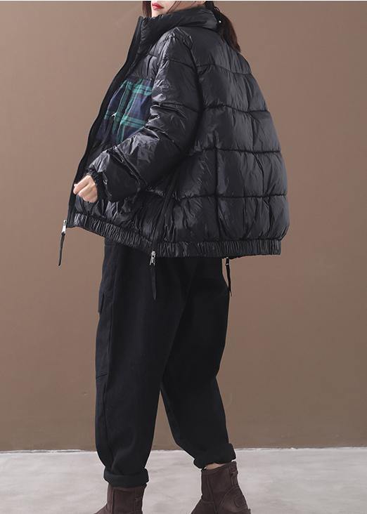 Drune | Plus-Size Daunenjacke Patchwork Karo Mäntel Schwarz Winter Seitenreißverschluss Warmer Wintermantel