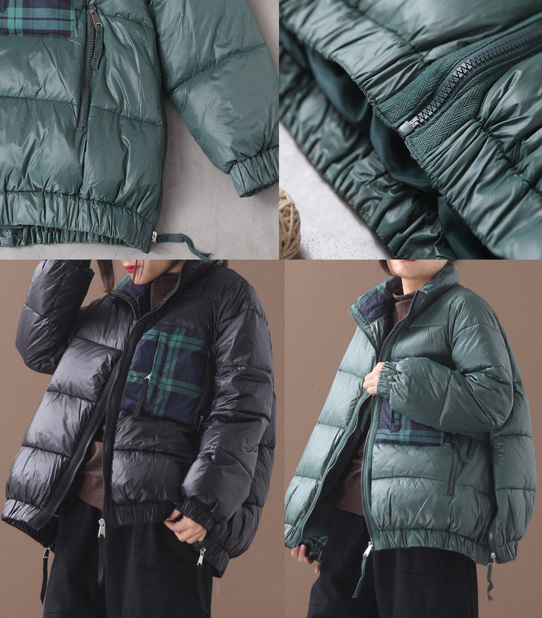 Drune | Plus-Size Daunenjacke Patchwork Karo Mäntel Schwarz Winter Seitenreißverschluss Warmer Wintermantel