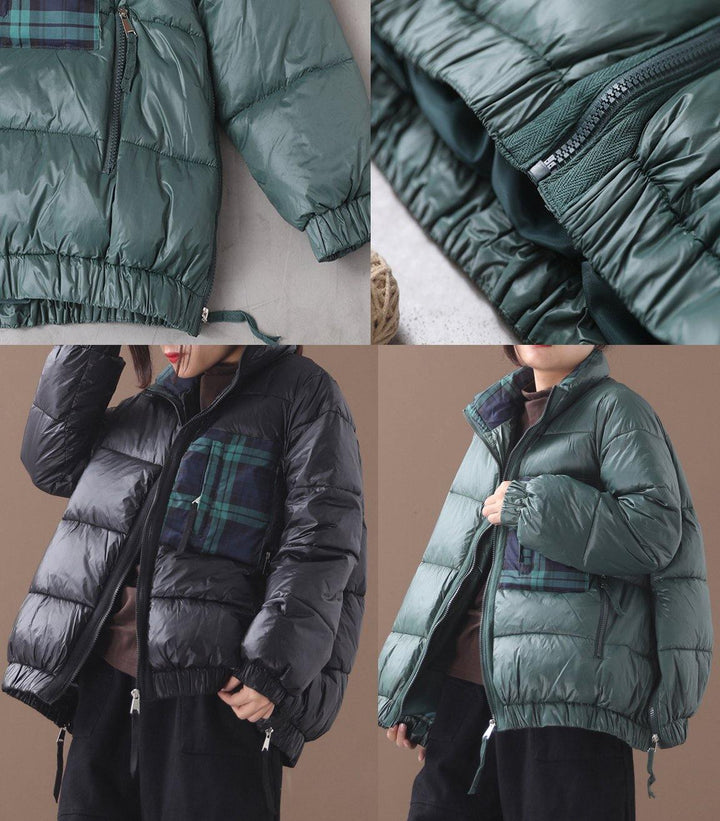 Drune | Plus-Size Daunenjacke Patchwork Karo Mäntel Schwarz Winter Seitenreißverschluss Warmer Wintermantel