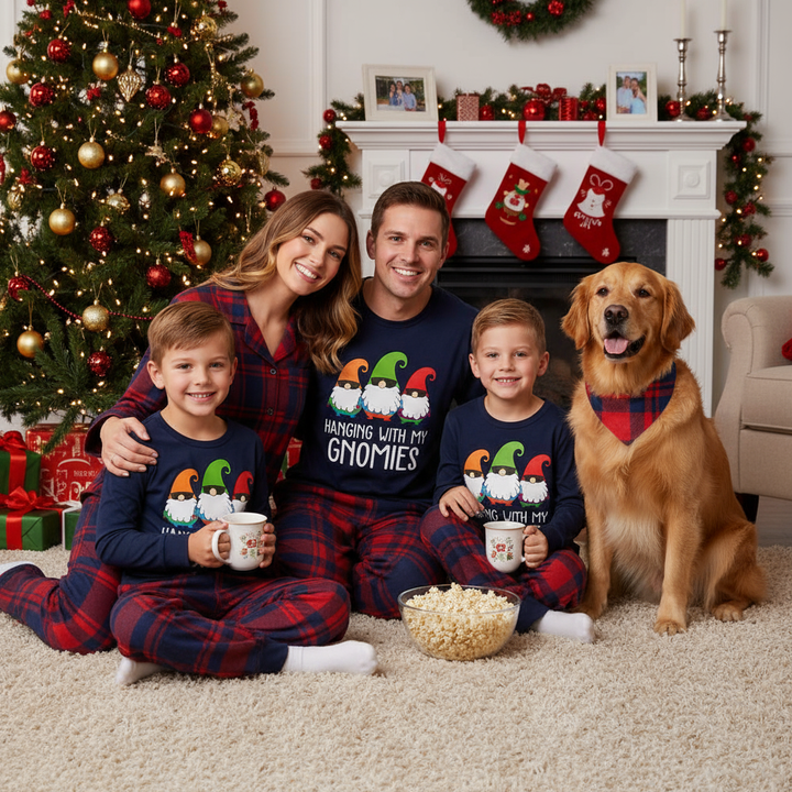 Drune | Drei Weihnachtsmänner "HANGING WITH MY GNOMIES" Monogramm Druck Blau Langarmoberteil mit klassischen roten und blauen karierten Hosen Familie passende Pyjamas
