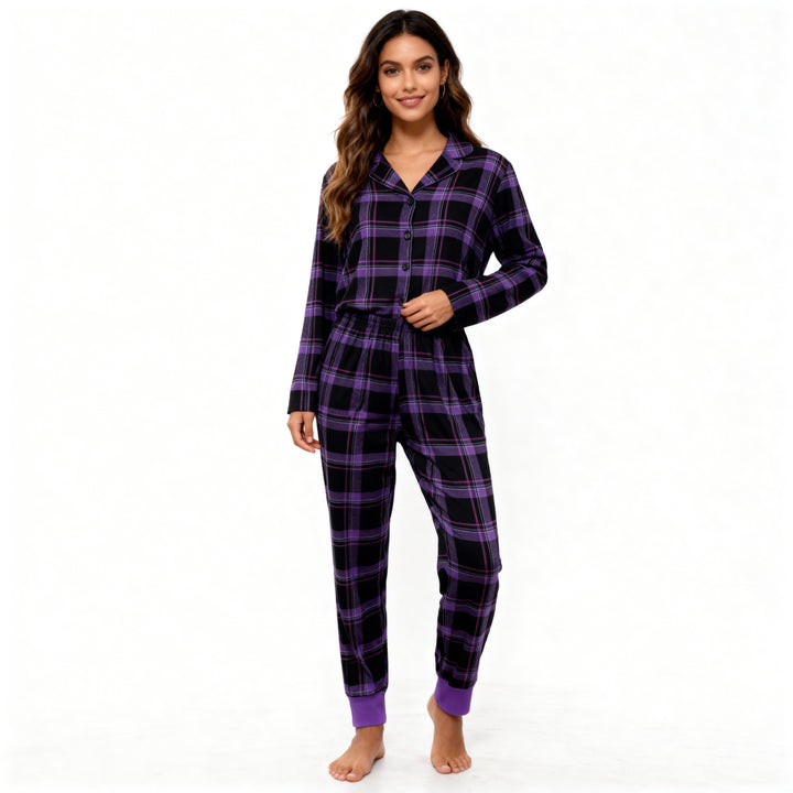 Drune | Weihnachts lila Karierte Knopf-Front Pyjamas Familien Pyjamas Sets