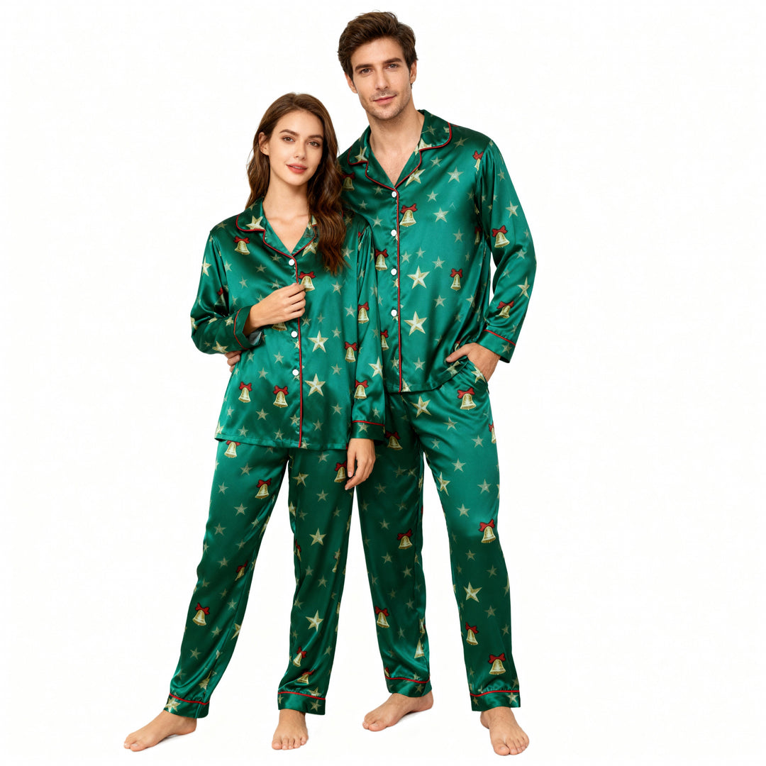Drune | Feiertagsfamilie Button-Down Grünes Satin Weihnachts-Pyjama-Set
