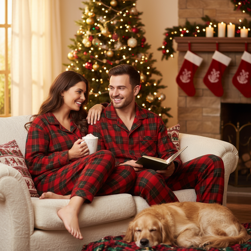 Drune | Weihnachten Familie Passende Rote und Grüne Karierte Knopf-Down Langarm Pyjama Sets
