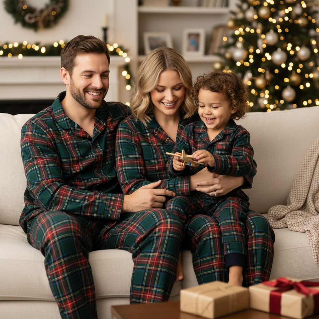 Drune | Familien-Weihnachten Plaid Knopf-Front-Pyjama-Sets