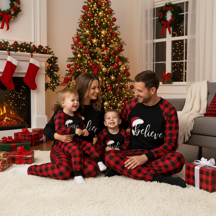 Drune | Weihnachtsmütze und 'Believe' Buchstaben Druck Muster Kontrast Schwarz Top und Schwarz & Rot Karierte Hose Familien passende Schlafanzug Set