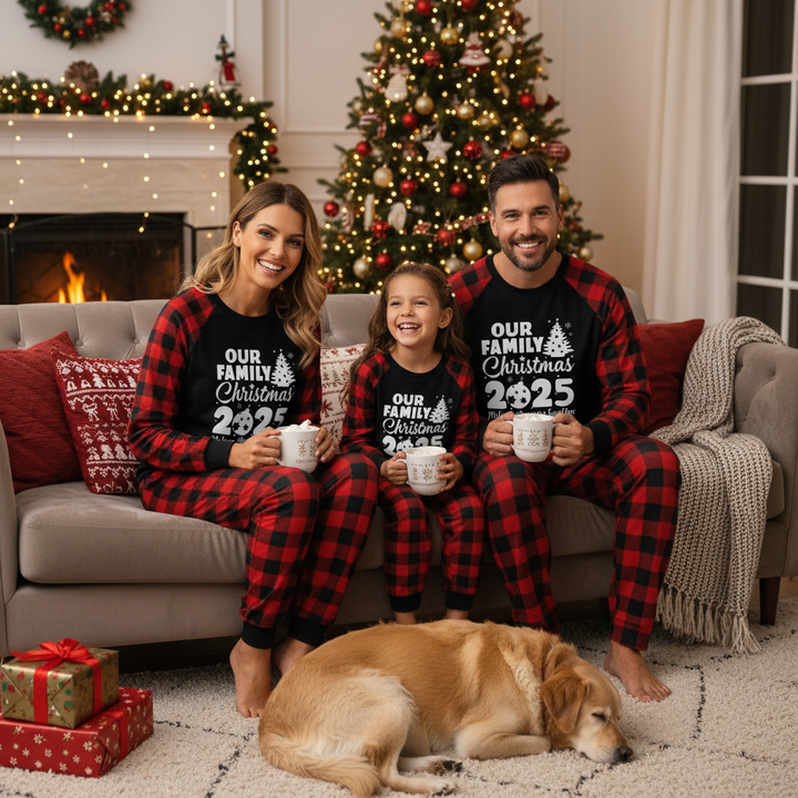 Drune | Weihnachtsbaum & "2025 Gemeinsam Erinnerungen schaffen" gemusterter Kontrast-Oberteil und Schwarz-Rot karierten Hose Familien-Matching Pyjama Set