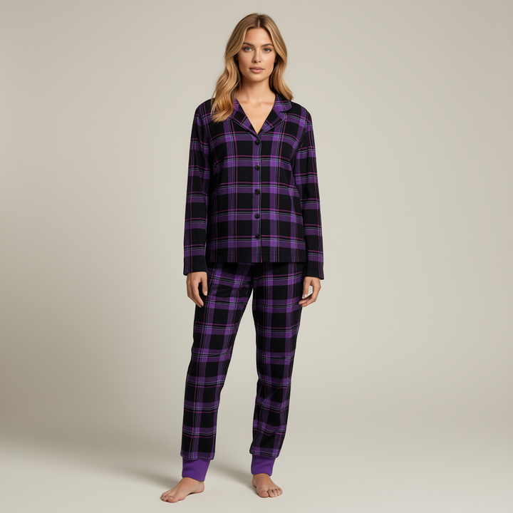 Drune | Weihnachts lila Karierte Knopf-Front Pyjamas Familien Pyjamas Sets