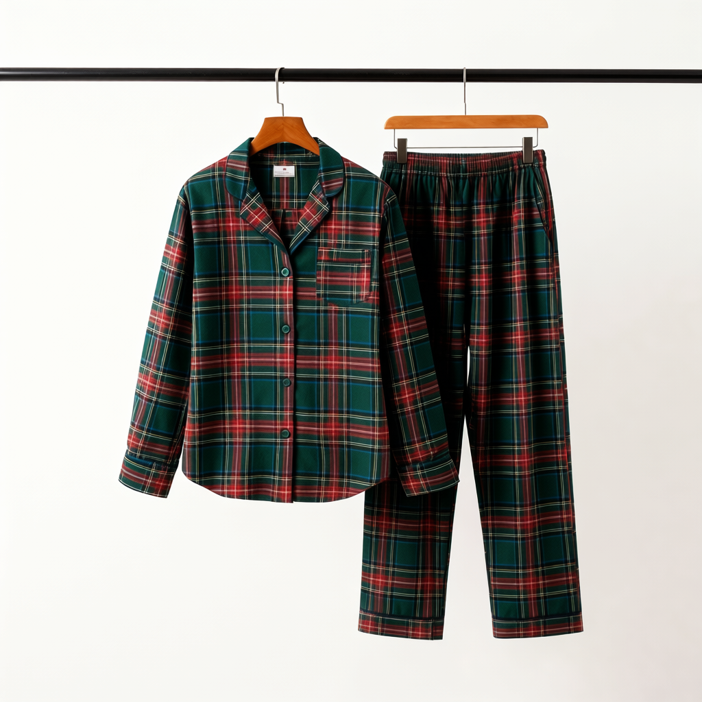 Drune | Paar Grün Rot Kariert Knopf-Front Schlafanzug Sets