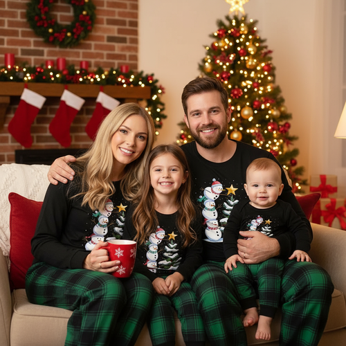 Drune | Weihnachtsfamilien-Pyjama-Set - Schwarzes Oberteil und grüne Karo-Hose mit Schneemann-Comic-Druck